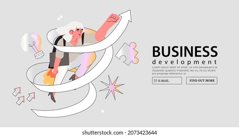 Business woman fly on jetpack and follow arrow through obstacles to her goal or to success. Business developement, career skill growth, opportunity, startup concept banner, landing web page. - Shutterstock ID 2073423644