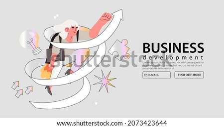 Business woman fly on jetpack and follow arrow through obstacles to her goal or to success. Business developement, career skill growth, opportunity, startup concept banner, landing web page.