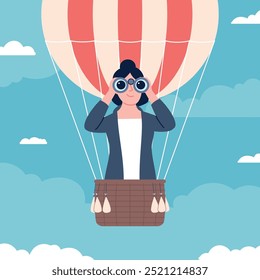 Business woman flying in balloon and looking through binoculars. HR manager searching candidates and employees, female job opportunity, vector scene