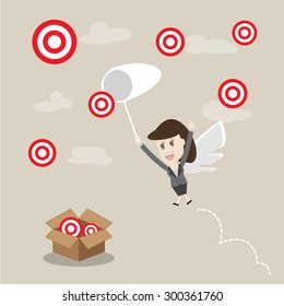 business woman flying to catch targets,Vector illustrations