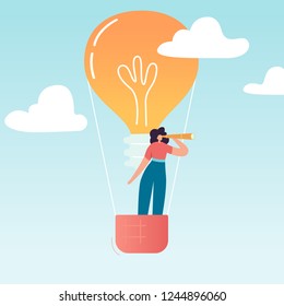 Business Woman Flying on Air Balloon with Light Bulb. Female Character Looking through spyglass in search of creative idea. Business Vision Concept. Vector illustration