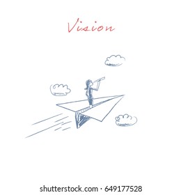 Business woman flying on a paper plane looking ahead through monoscope or telescope. Symbol of business vision, visionary and leadership. Eps10 vector illustration.