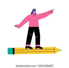 Business woman flying on pencil to working success. Flat vector illustration isolated on white background 
