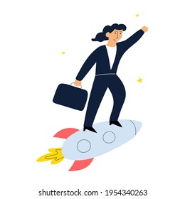 Business woman flying on rocket. Illustration on white background.