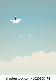 Business woman flying in paper plane above clouds in the sky. Business vector symbol of future, freedom, career opportunities, challenge. eps10 vector illustration.