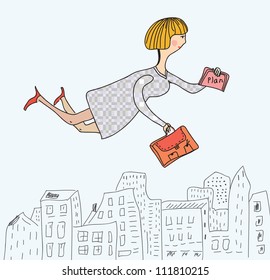 Business woman flying to work funny cartoon