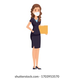 business woman with folder and face mask isolated icon vector illustration design
