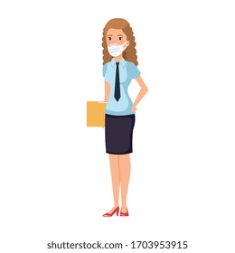 business woman with folder and face mask isolated icon vector illustration design