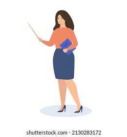 Mujer de negocios con una carpeta de papeles y un puntero. Ilustración vectorial.