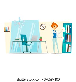 Business woman folds documents in the office. Flat vector illustration.