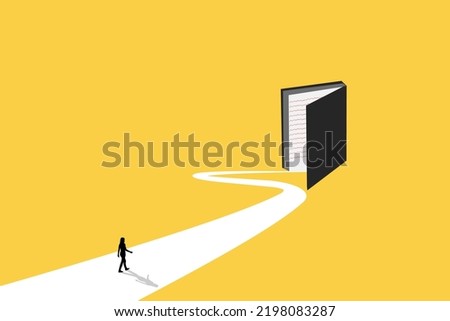 Business woman follow a path go to book. visionary leadership different business routes. Symbol of ambition, motivation and long road ahead.