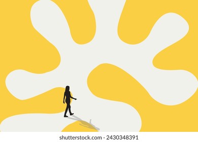 Business woman follow a path for business opportunities. visionary leadership different business routes. Symbol of ambition, motivation and long road ahead