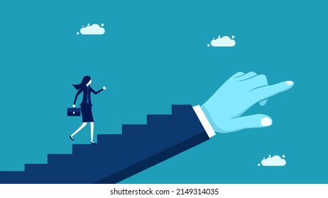 A business woman follows the steps of success. Growth Strategy or Career Path Motivation