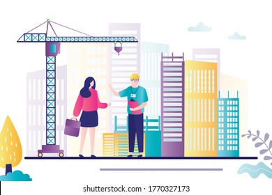 Business woman with foreman on construction site. Engineer holds clipboard with documents. Working process with large equipment. Customer and worker met to discuss project. Flat vector illustration
