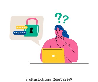 Geschäftsfrau hat Sicherheitscode vergessen. Konzept des Kontosicherheitssystems. Flache Vektorgrafik einzeln auf weißem Hintergrund