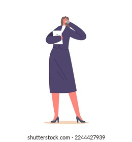 Business Woman in Formal Clothes. Female Character in White Shirt, Formal Blouse and Skirt Holding Tablet and Speaking by Mobile Phone Isolated on White Background. Cartoon People Vector Illustration