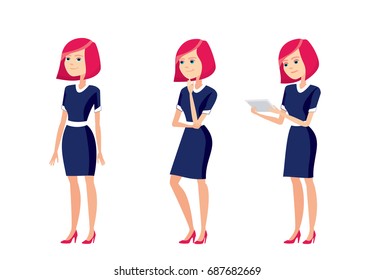 Business Woman in formal clothes. Business Girl in office clothes standing up straight in various poses isolated on white background. Vector set of people.Girl holding a tablet.  Thoughtful. Smiling.
