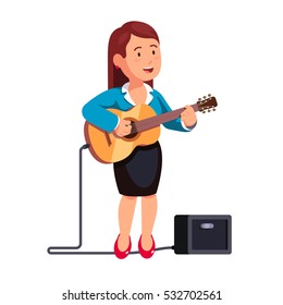 Business woman in formal dress playing guitar music and singing a song, standing one leg on combo guitar amplifier. White background isolated flat style vector illustration.