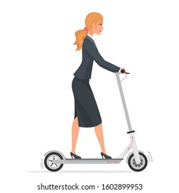 Business woman in formal suit on electric scooter flat vector illustration. Office female cartoon character riding eco friendly city vehicle. Blonde girl using urban personal transporter isolated