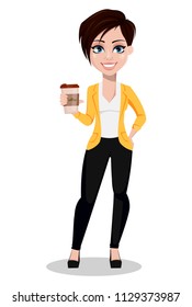 Business woman, freelancer, banker. Beautiful lady in casual clothes holding a cup of coffee. Vector illustration on white background.