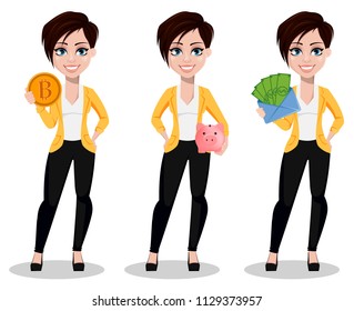 Business woman, freelancer, banker, set of three poses. Beautiful lady in casual clothes holding bitcoin, holding piggy bank and holding envelope with money. Vector illustration on white background.