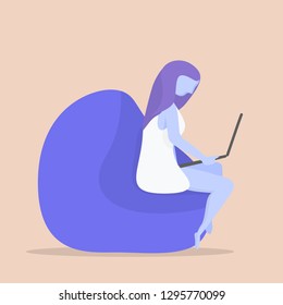 Business woman. Freelancer girl on a bean bag chair. Flat vector illustration on white background. Home workplace. Job online. Internet. Young girl working on laptop computer. Flat cartoon. - Vector