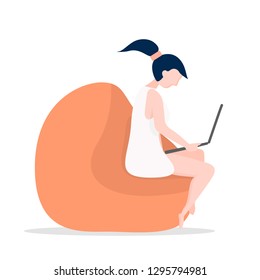 Business woman. Freelancer girl on a bean bag chair. Flat vector illustration on white background. Home workplace. Job online. Student. Young woman working on laptop computer. Flat cartoon.