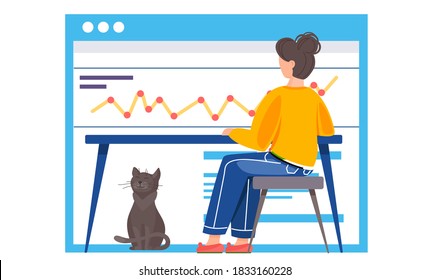 Business woman, freelancer or office worker working with report at a table at home, back view flat vector illustration. Girl student with her cat learns remotely, analyzes statistical data on graph