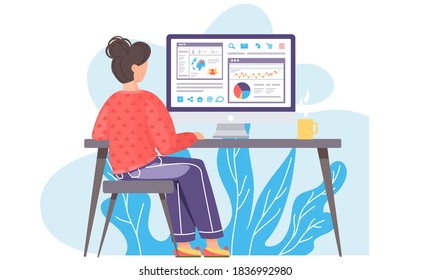 Business woman, freelancer or office worker working with report at a table at home with computer, back view flat vector illustration. Girl student learns remotely, analyzes statistical data on graph