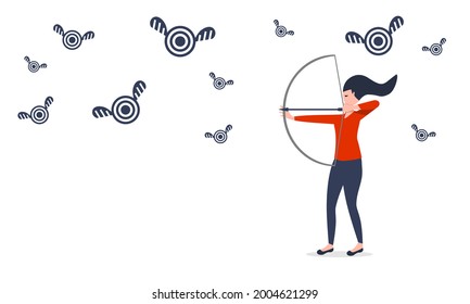 Business woman, freelancer, office worker reaches aims for a target concept vector illustration