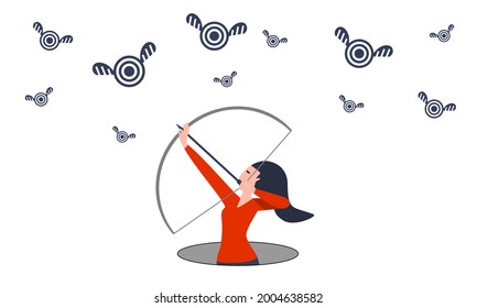 Business woman, freelancer, office worker in a hole aims for a target concept vector illustration