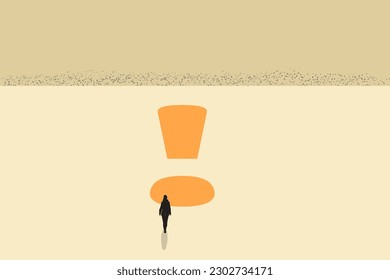 Business woman front of exclamation mark. concept of challenge, opportunity, decision and future