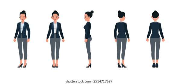 Mujer de negocios frente, lado y espalda usan traje azul oscuro conjunto de diseño de Ilustración vectorial de personajes. Presentación en diversas acciones.