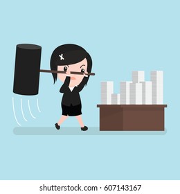 
Business woman furious frustrated hitting papers, cartoon.