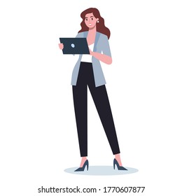 Business woman with gadget. Female character in suit holding tablet. Internet and network in device. Isolated flat vector illustration