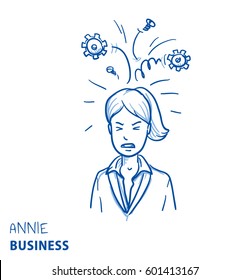 Business woman with gears coming out of her head, concept for stress, burnout, headache, hand drawn doodle vector illustration