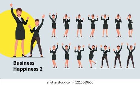 Business woman gesture set. Winner gesturing raised hands clenched pumping fists. Successful business people win. Raised arms businesswoman celebrating achievement. Flat vector character illustration