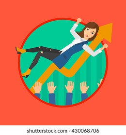 A business woman get thrown into the air by coworkers during celebration. Vector flat design illustration in the circle isolated on background.