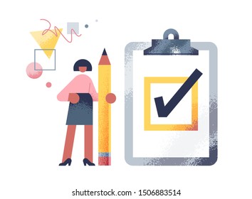 Business woman with a giant pencil  in her hand nearby marked checklist on a clipboard paper on an abstract background. Successful completion of business tasks. Flat textured vector illustration.