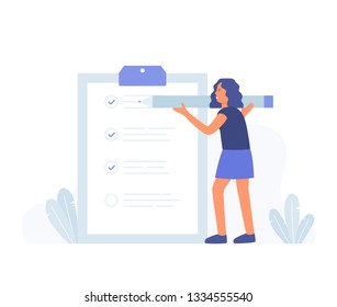 Business woman with a giant pencil on his hands nearby marked checklist on a clipboard paper. Successful completion of business tasks. Modern hand drawn cartoon vector illustrations.