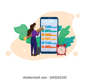 business woman with a giant pencil on his shoulder nearby marked checklist on a smartphone, flat style cartoon design isolated on white background