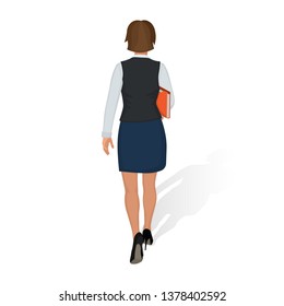 Business woman. The girl with the folder on the isolated white background. The going person. Office worker. An element for design. A vector illustration in flat style.