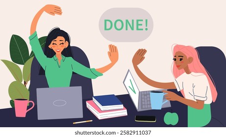 Business woman give high five after successfully completed their work project. Teamwork cooperation concept. Modern isolated vector illustration.