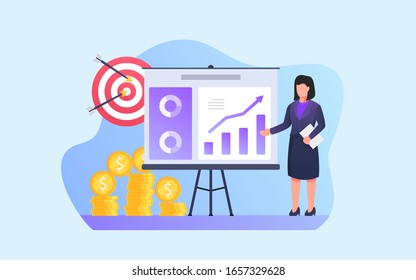 business woman give presentation analysis with target and financial report summary on white board