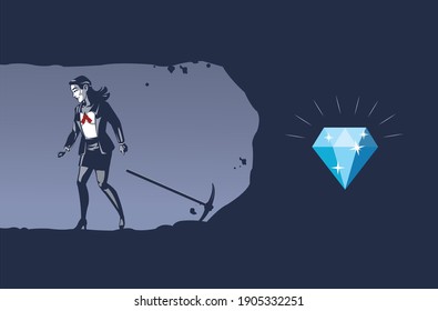 Business Woman Gives Up Digging Not Knowing Precious Diamond is Almost Revealed Blue Collar Illustration Concept