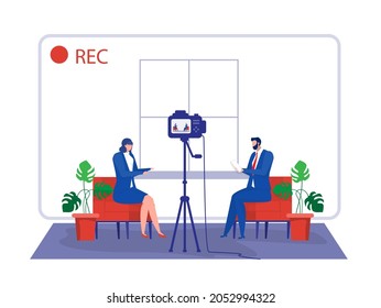 business woman gives interview to television presenter in broadcast studio. Internet interview channel concept. Cartoon vector illustration