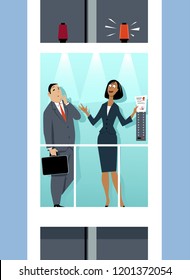 Business woman giving an elevator pitch to an executive, EPS 8 vector illustration