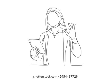 Business woman giving okay symbol. Business woman concept one-line drawing