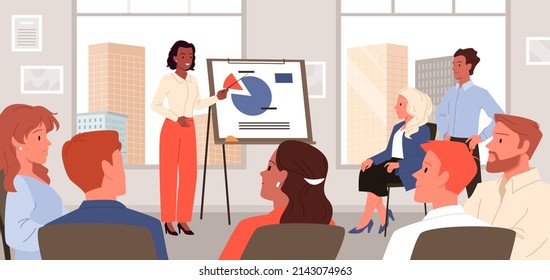 Business woman giving presentation in conference room. Office employees meeting, team brainstorming seminar, reporting annual company results and strategy campaign cartoon vector illustration