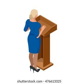 Business woman giving a presentation in a conference or meeting setting. Orator speaking from tribune vector illustration.